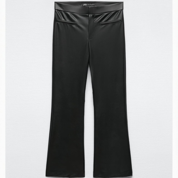 ZARA * FLARED FAUX LEATHER  PANTS BLACK Cropped Size M L XL - Picture 10 of 13